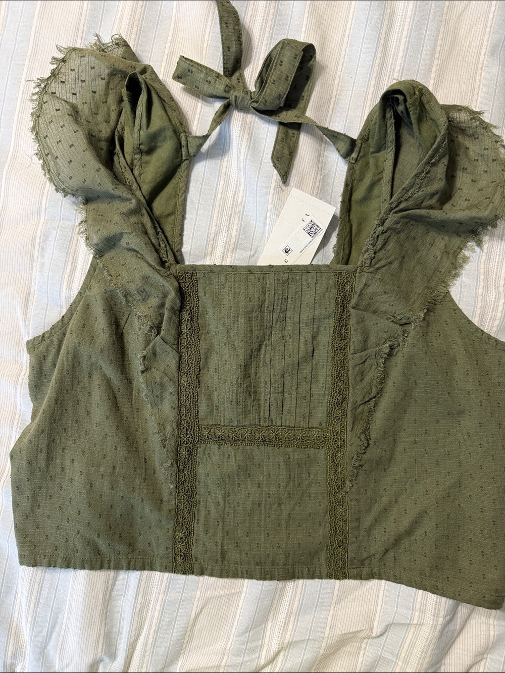 Olive Green Swiss Dot Tie-Strap Crop Top